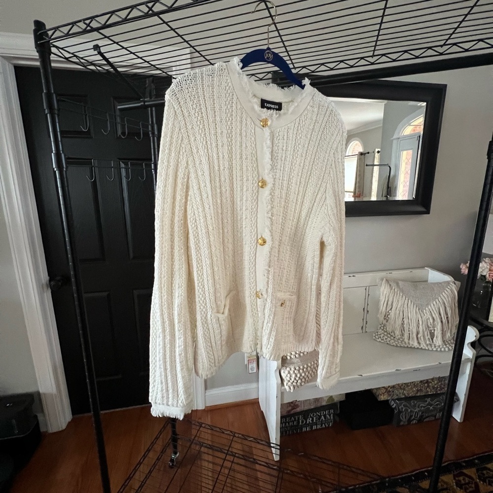 Express Gold Button Tweed Style Cream Sweater Size XL NWT